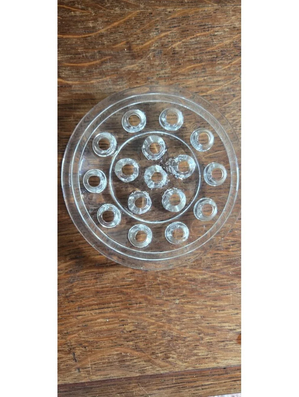 Vintage Clear Round Glass 16 Hole Flower Frog Flowers Arrangements Holder 5”